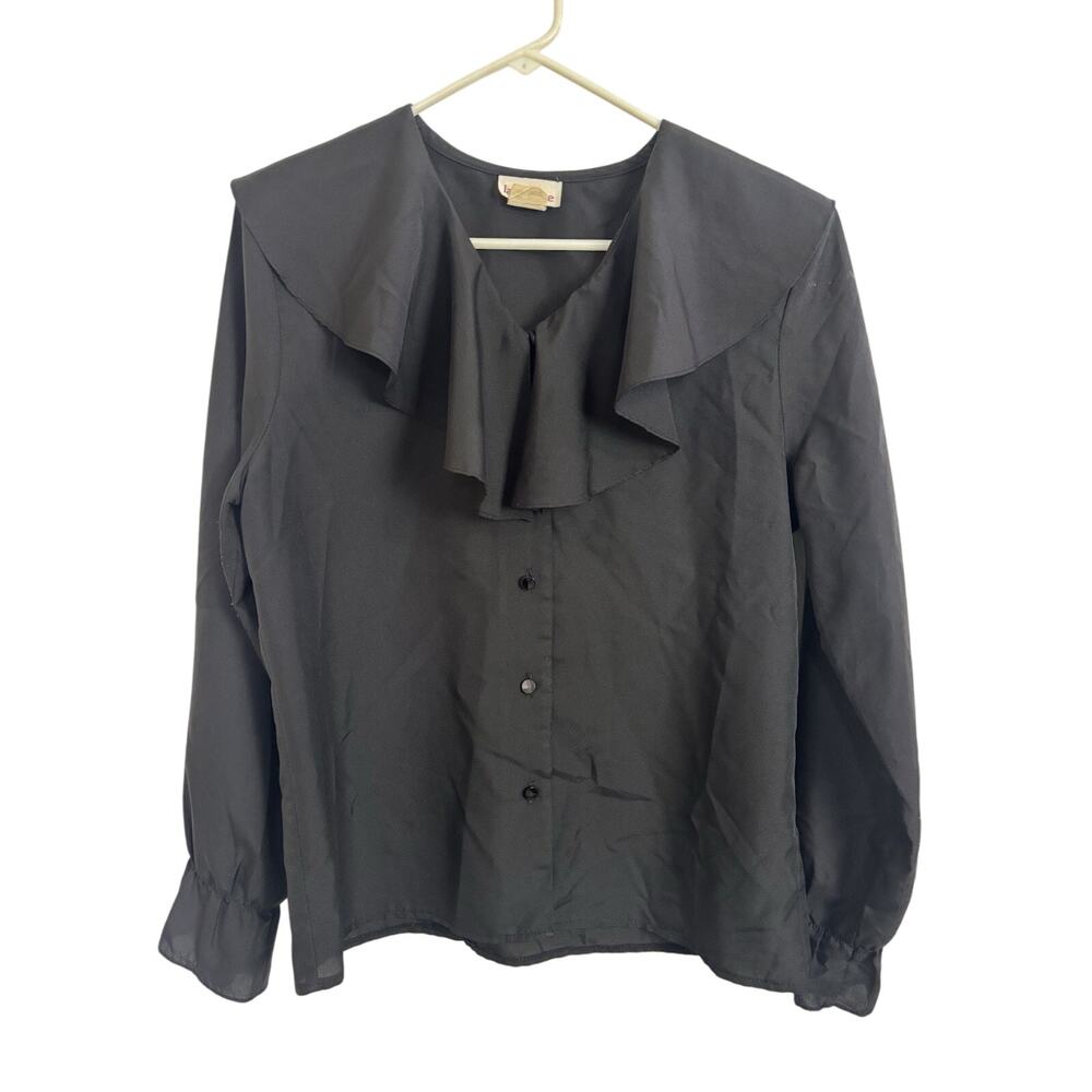 Vtg 80’s Black Large Ruffle Collar Button Front Blouse Size 12 Whimsigoth Fairy